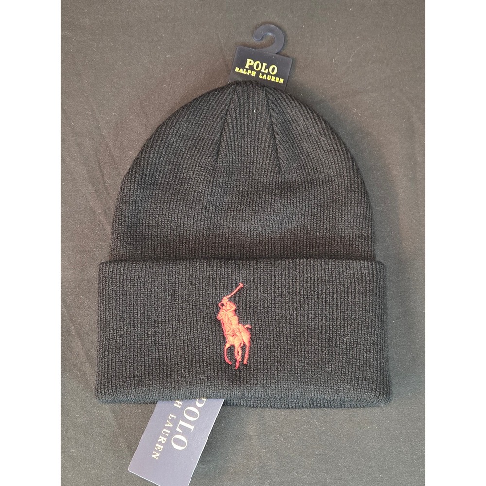 Polo Ralph Lauren Black Knit Beanie Hat Big Red Pony Logo NWT - Picture 1 of 5